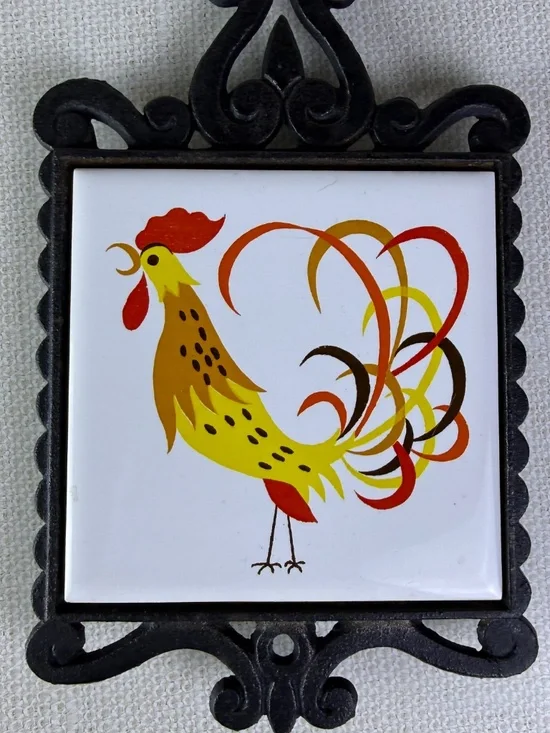 Vintage Cherry Japan Cast Iron Trivet – Rooster Ceramic Tile | Wall Hanging - Picture 9 of 9